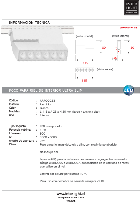 Foco abatible aluminio blanco para riel magnetico SLIM 11,5cm  LED 10W TUYA - ARFO0083