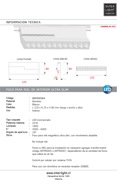 Foco abatible aluminio blanco para riel magnético SLIM 22cm 48v LED 20W TUYA - ARFO0084