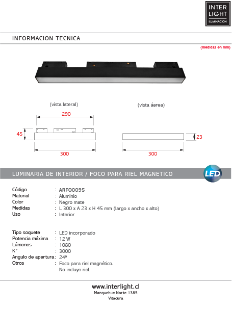 Foco riel magnético negro 48V 12W - ARFO0095