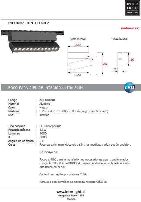 Foco dirigible magnético ultra slim negro LED 12W TUYA - ARFO0098