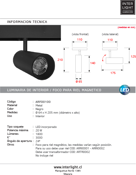 Foco metal negro para riel magnético LED 20W - ARFO0100