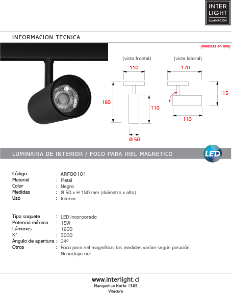 Foco metal negro para riel magnético LED 15W - ARFO0101
