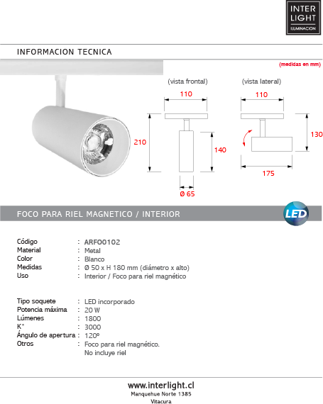 Foco metal blanco para riel magnético LED 20W - ARFO0102
