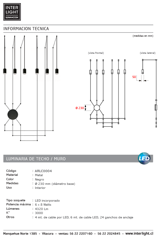 Lámpara colgante de suspensión 6 luces LED 8W - ARLC0004