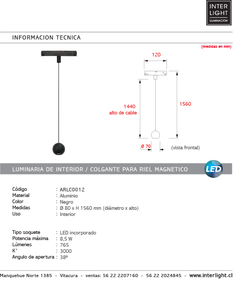 Lámpara colgante para riel magnético aluminio negro Ø7x1,56 cm LED 8.5W - ARLC0012