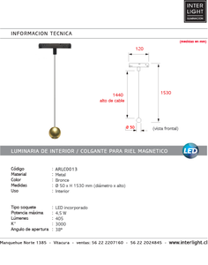 Lámpara colgante para riel magnético aluminio bronce Ø7x1,55 cm LED 8.5W - ARLC0013