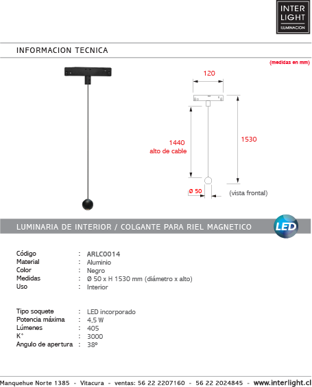 Lámpara colgante para riel magnético aluminio negro Ø5x1,53 cm LED 4.5W - ARLC0014