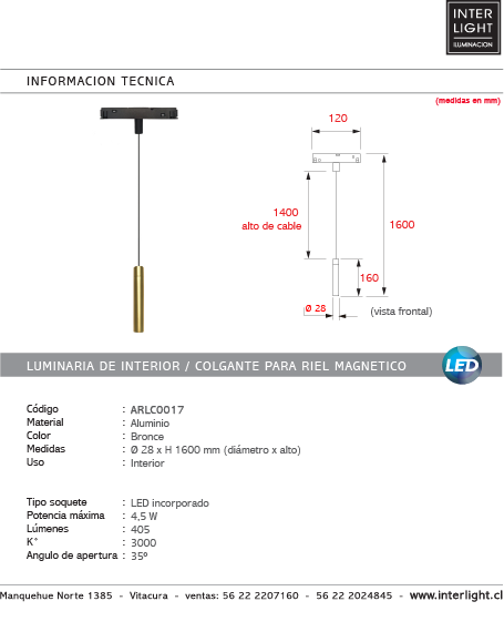 Lámpara colgante para riel magnético aluminio bronce Ø2,8x1,60 cm LED 4.5W - ARLC0017