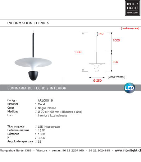 Lámpara colgante metal negro blanco Ø 26 x 35,5 cm LED 12W - ARLC0019