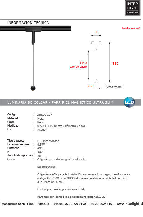 Lámpara colgante para riel magnético ultra slim aluminio negro Ø5x1,53 cm LED 4.5W TUYA - ARLC0027
