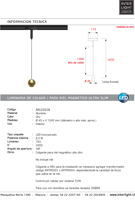 Lámpara colgante para riel magnético ultra slim aluminio oro LED 4.5W TUYA - ARLC0028