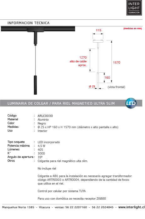 Lámpara colgante para riel magnético ultra slim aluminio negro LED 4.5W TUYA  - ARLC0030