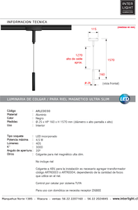 Lámpara colgante para riel magnético ultra slim aluminio negro LED 4.5W - ARLC0030