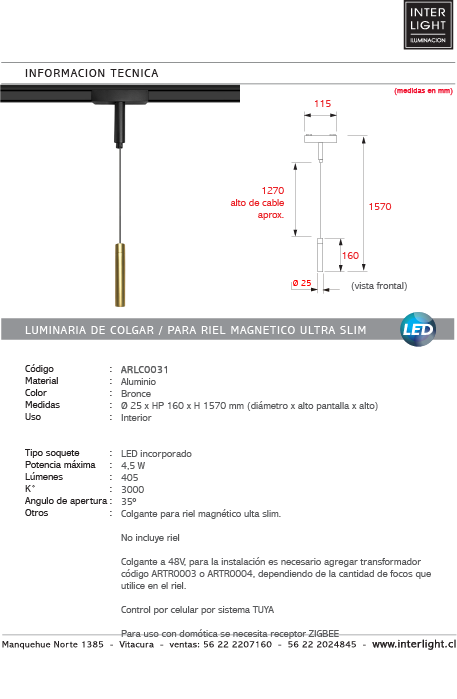 Lámpara colgante para riel magnético ultra slim aluminio bronce LED 4.5W TUYA - ARLC0031