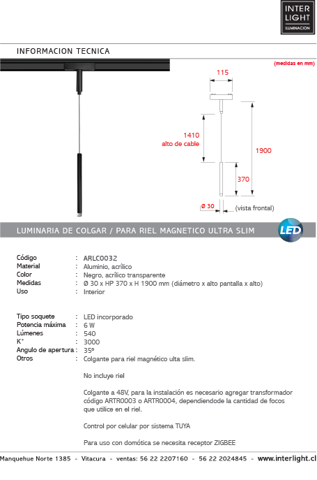 Lámpara colgante para riel magnético ultra slim aluminio acrílico negro Ø3x1,90 cm LED 6W TUYA - ARLC0032