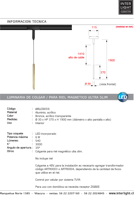 Lámpara colgante para riel magnético ultra slim aluminio acrílico bronce Ø3x1,90 cm LED 6W TUYA  - ARLC0033