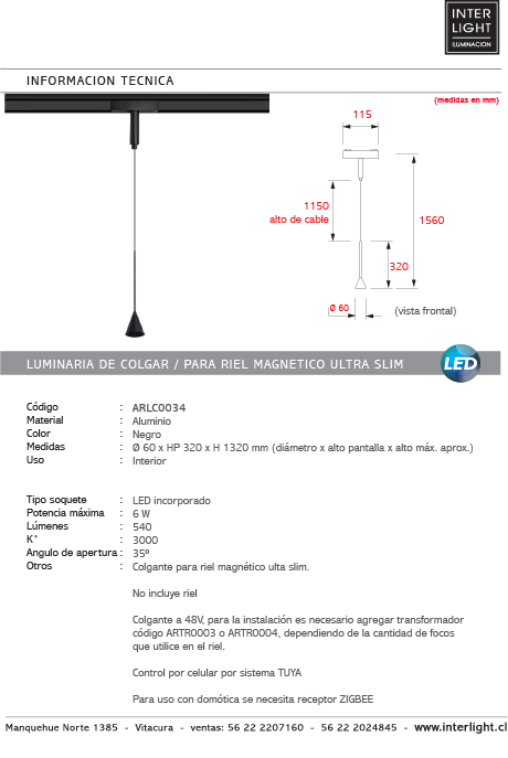 Lámpara colgante para riel magnético ultra slim aluminio negro LED 6W TUYA - ARLC0034