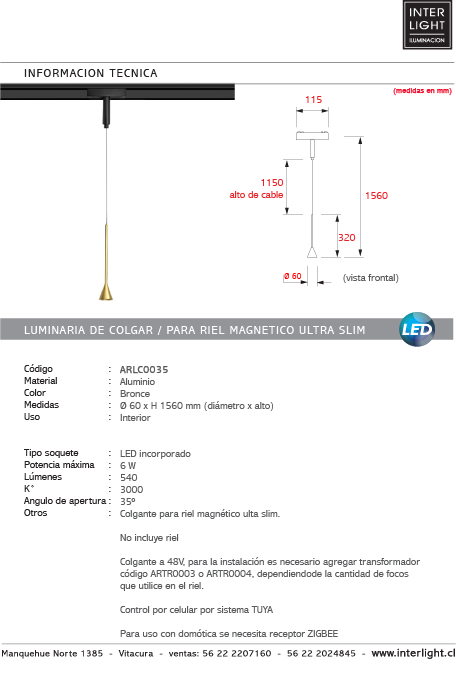 Lámpara colgante para riel magnético ultra slim aluminio bronce LED 6W TUYA - ARLC0035