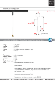Lámpara colgante para riel magnético ultra slim aluminio bronce LED 6W - ARLC0035