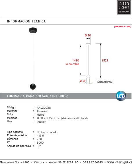 Lámpara colgante para cielo aluminio negro Ø5x140 cm LED 4.5W - ARLC0038