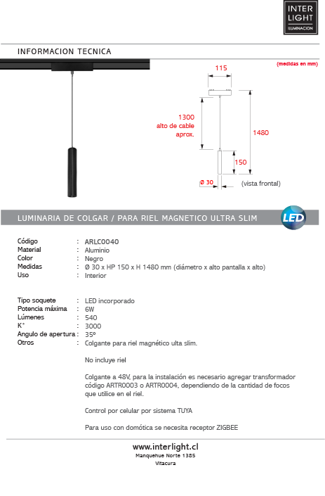 Lámpara colgante para riel magnético aluminio negro 15cm LED 6W TUYA - ARLC0040