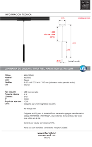 Lámpara colgante para riel magnético aluminio Negro 22 cm LED 6W - ARLC0041