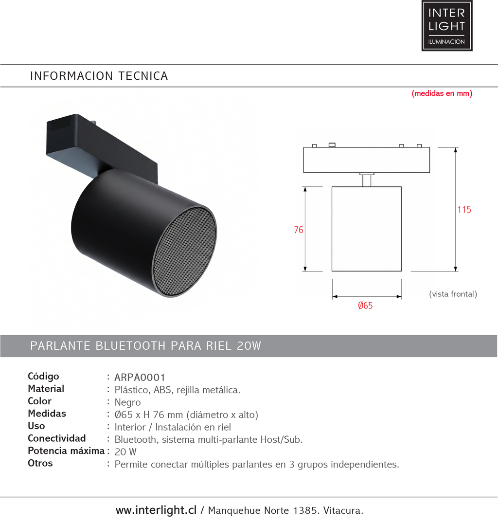 Parlante bluetooth para riel 20W - TOPA0001