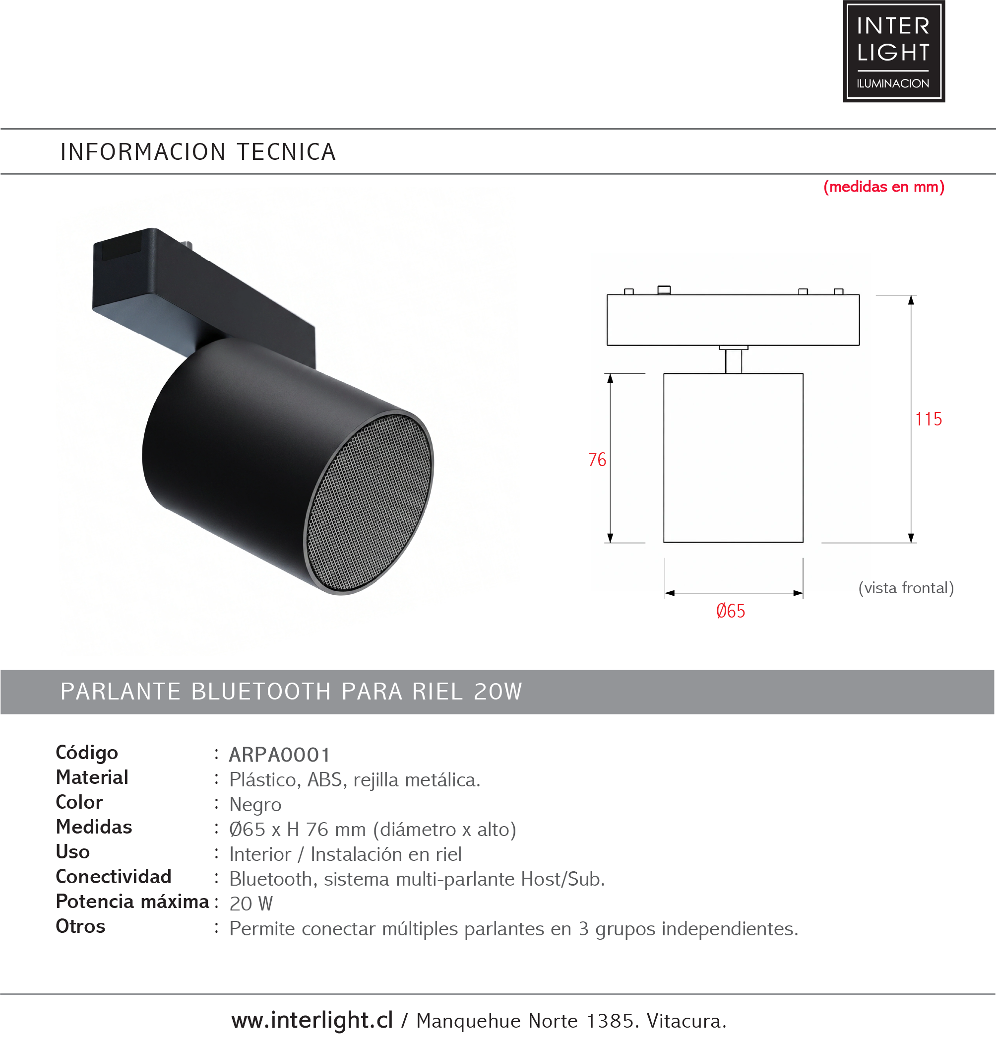 Parlante bluetooth para riel 20W - TOPA0001