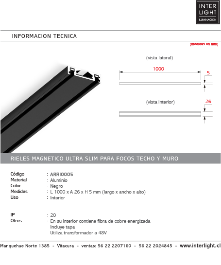 Riel magnetico ultra slim para foco de techo y muro 1MT - ARRI0003