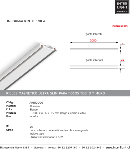 Riel magnético ultra slim para foco de techo y muro 2 MT - ARRI0006