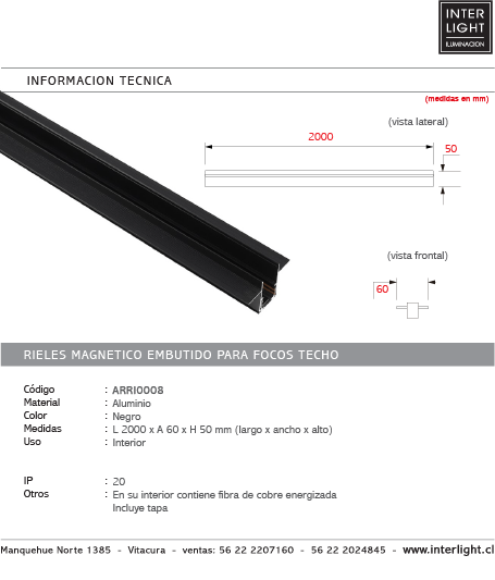 Riel magnetico embutido para foco de techo 2MT - ARRI0008