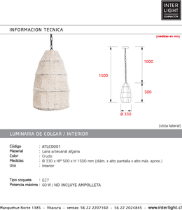 Lámpara colgante lana artesanal Ø33x50 cm E27 - ATLC0001