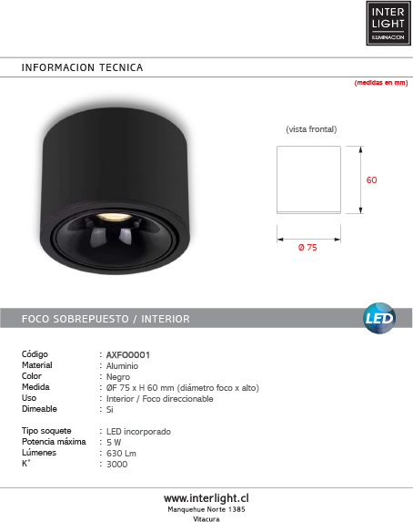 Foco sobrepuesto aluminio negro basculante dimeable  5W LED - AXFO0001