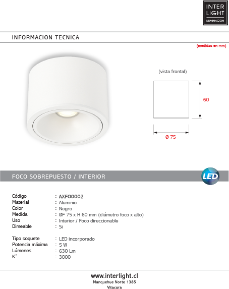Foco sobrepuesto aluminio Blanco basculante dimeable  5W LED - AXFO0002
