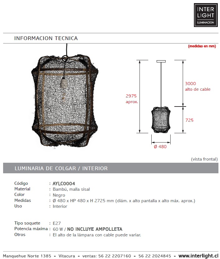 Lámpara colgante bambú malla sisal negro Ø41 cm E27 - AYLC0004