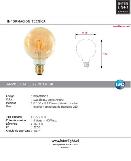 Ampolleta bola calida vidrio ámbar 4W G95 E27 - BEAM0003