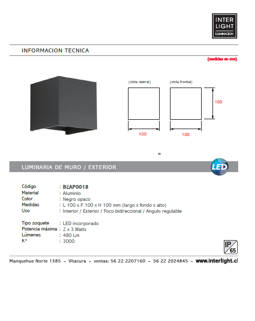 Apliqué negro opaco, bidireccional interior exterior LED 2x3W - BEAP0018