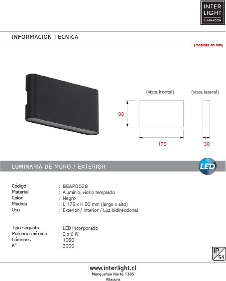 Aplique aluminio negro vidrio templado 17,5x9 cm IP54 LED 2X6W - BEAP0028