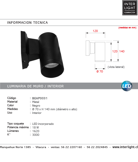 Foco sobrepuesto muro metal negro  Ø70x14  LED 18 W - BEAP0031