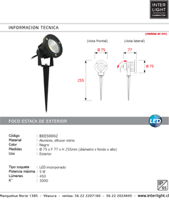 Foco estaca jardín negro Ø7,5x7,7x25,5 cm LED 5W - BEES0002