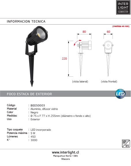 Foco estaca jardín negro LED 5W - BEES0003