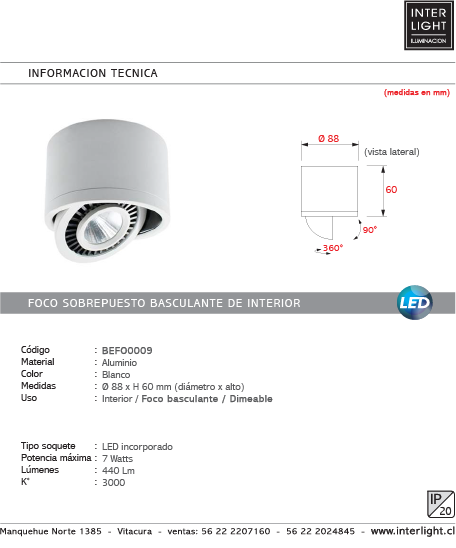Foco sobrepuesto blanco basculante dimeable LED 9W - BEFO0009