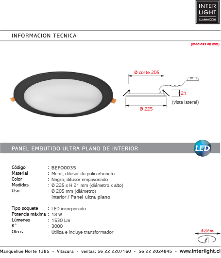 Foco embutido ultra plano negro LED Ø 22,5 18W - BEFO0035