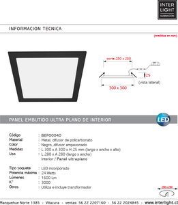 Foco embutido negro 30x30 cm LED 24W - BEFO0040