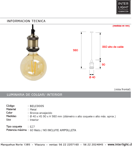 Soquete bronce envejecido cable 98 cm E27 - BELC0005