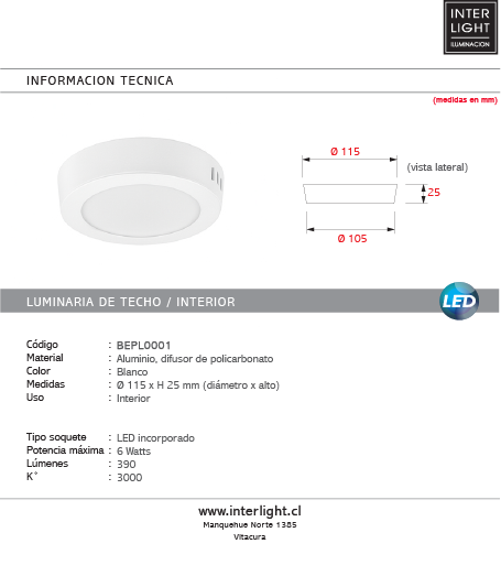 Plafón aluminio blanco Ø11,5 cm LED 6W - BEPL0001