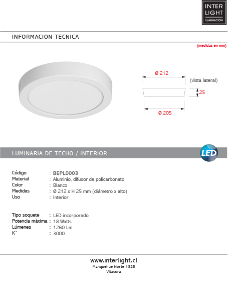 Plafón aluminio blanco Ø 22 cm LED 18W - BEPL0003