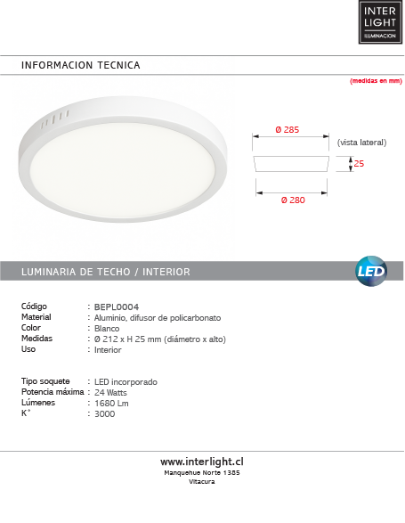 Plafón aluminio blanco Ø28 cm LED 24W - BEPL0004