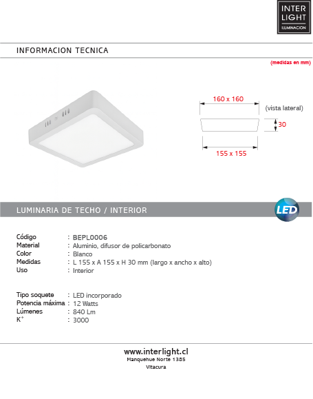 Plafón aluminio blanco 15,5x15,5cm LED 12W - BEPL0006
