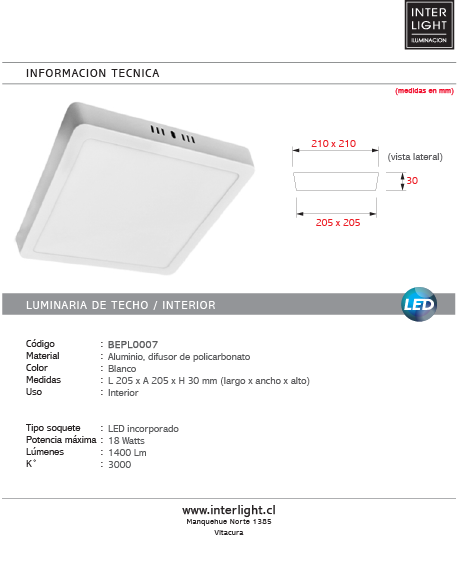 Plafón aluminio blanco  20,5x20,5 cm LED 18W - BEPL0007